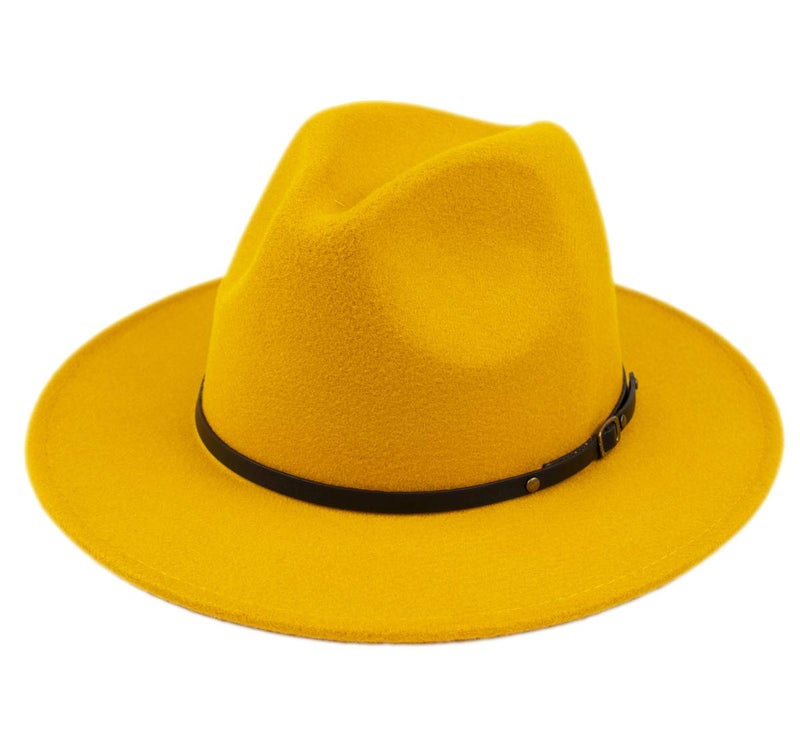 Lanzom Womens Classic Wide Brim Floppy Panama Hat Belt Buckle Wool Fedora Hat Fit Size 6 8/7-7 1/4(One Size, Yellow) - Image 1